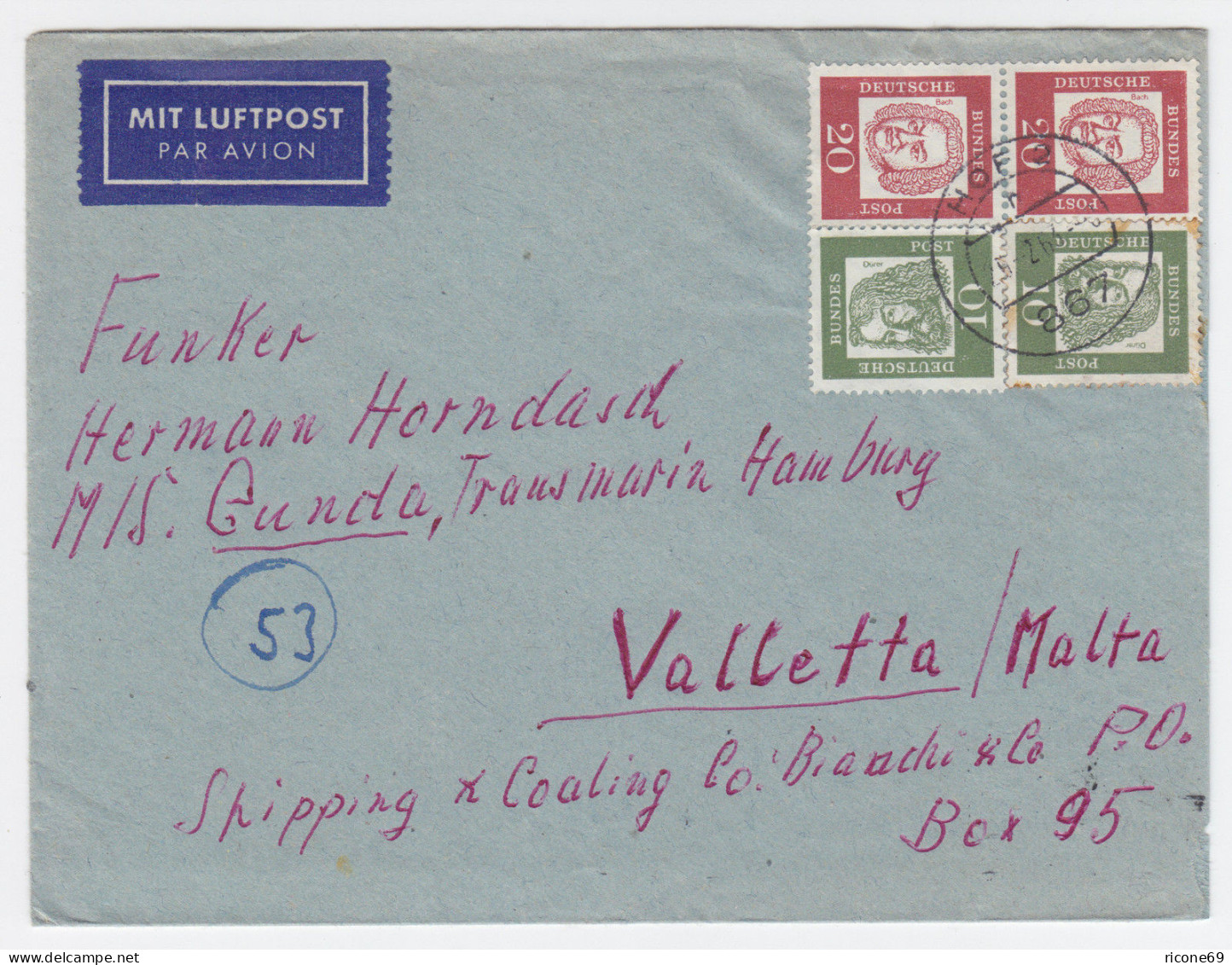 BRD 1963, 20+20+10+10 Pf. Auf Luftpost Brief V. Hof N. Malta. Destination! #1807 - Lettres & Documents