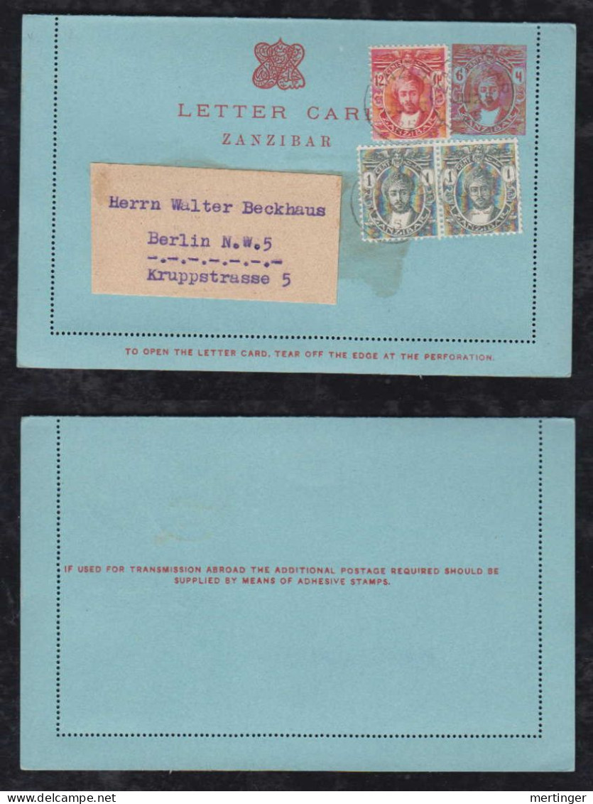 Zanzibar 1925 Uprated Stationery Lettercard To BERLIN Germany - Zanzibar (...-1963)