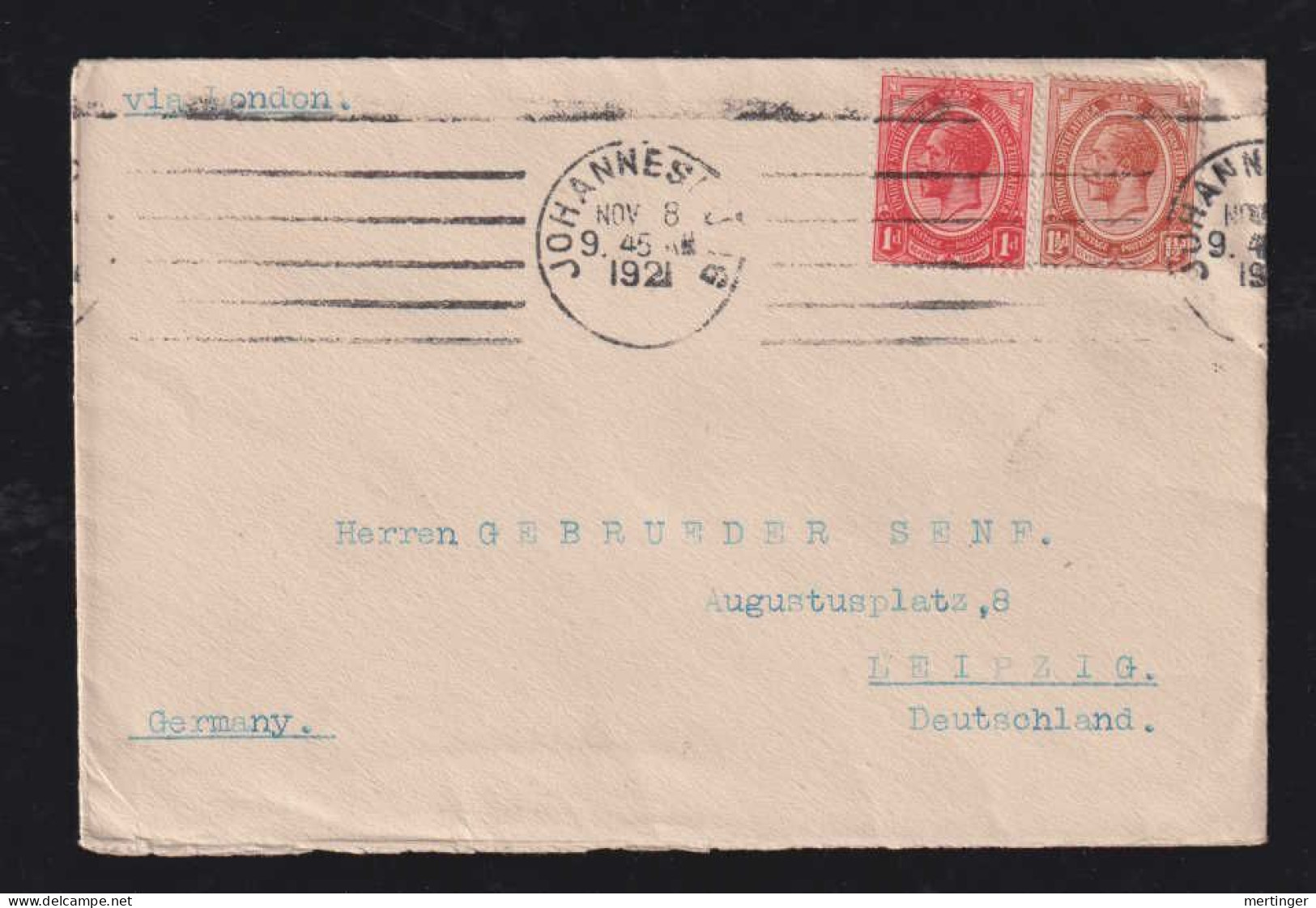 South Africa 1921 Cover 1½d + 1d  JOHANNESBURG X LEIPZIG Germany - Cartas