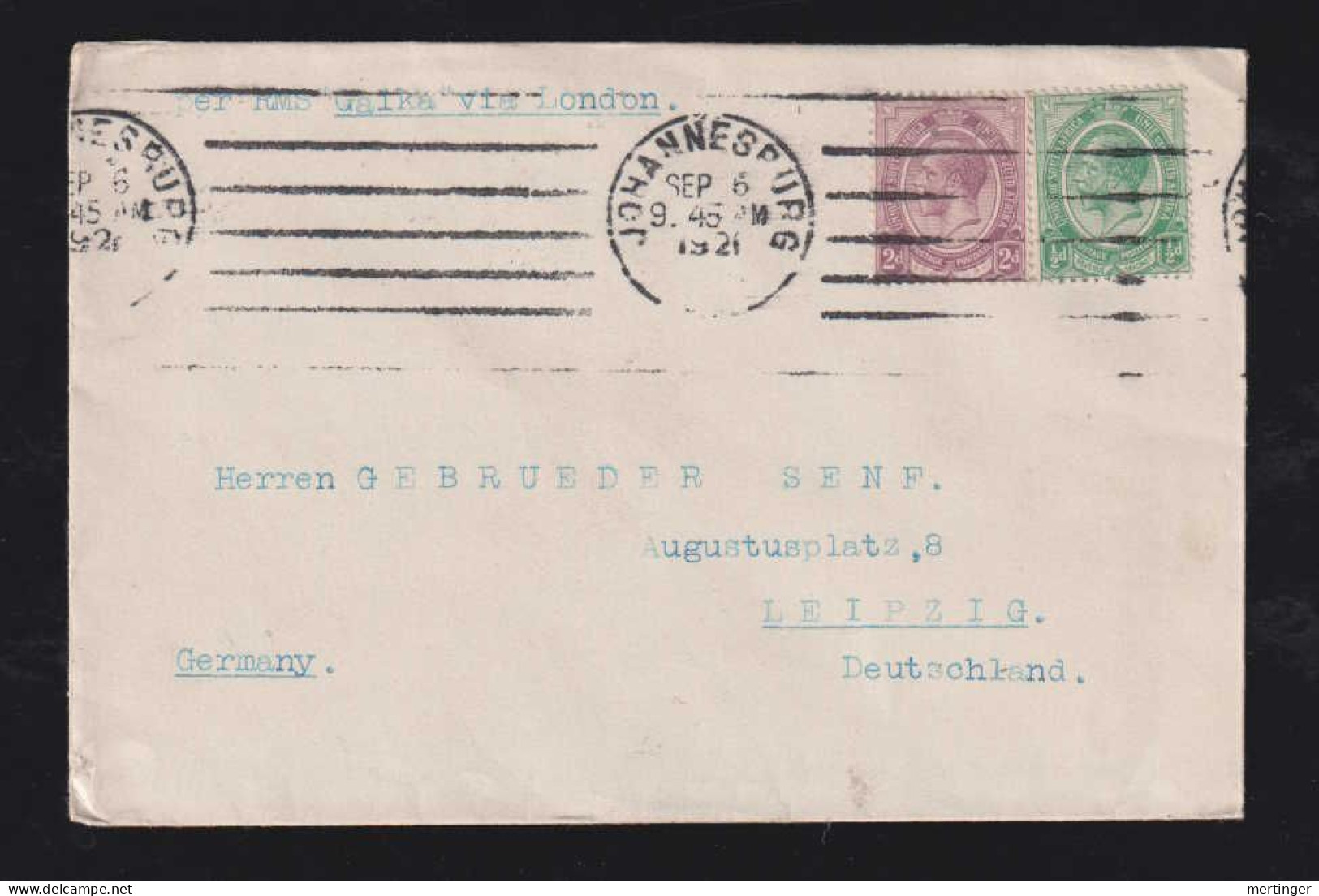 South Africa 1921 Cover ½d + 2d  JOHANNESBURG X LEIPZIG Germany - Cartas