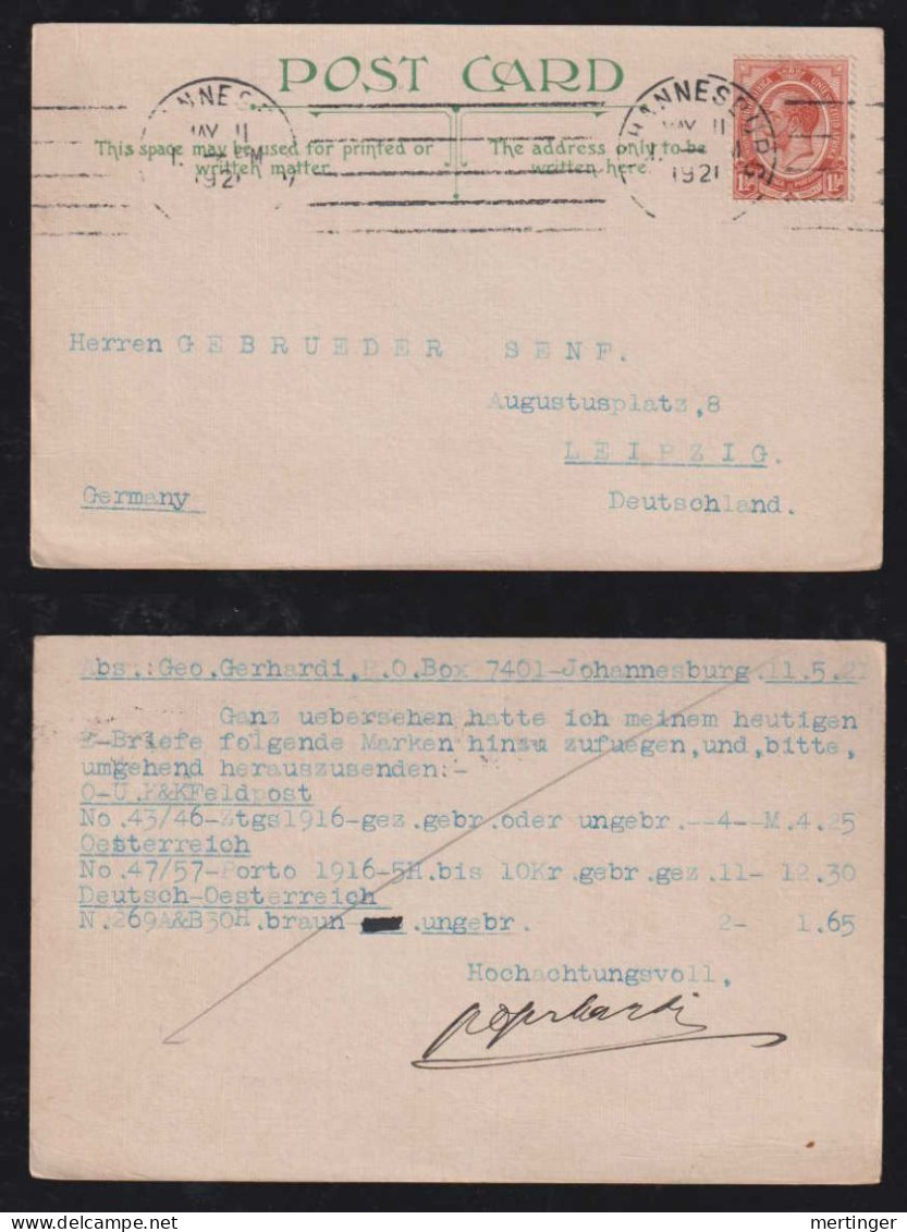 South Africa 1921 Postcard 1½d JOHANNESBURG X LEIPZIG Germany - Lettres & Documents