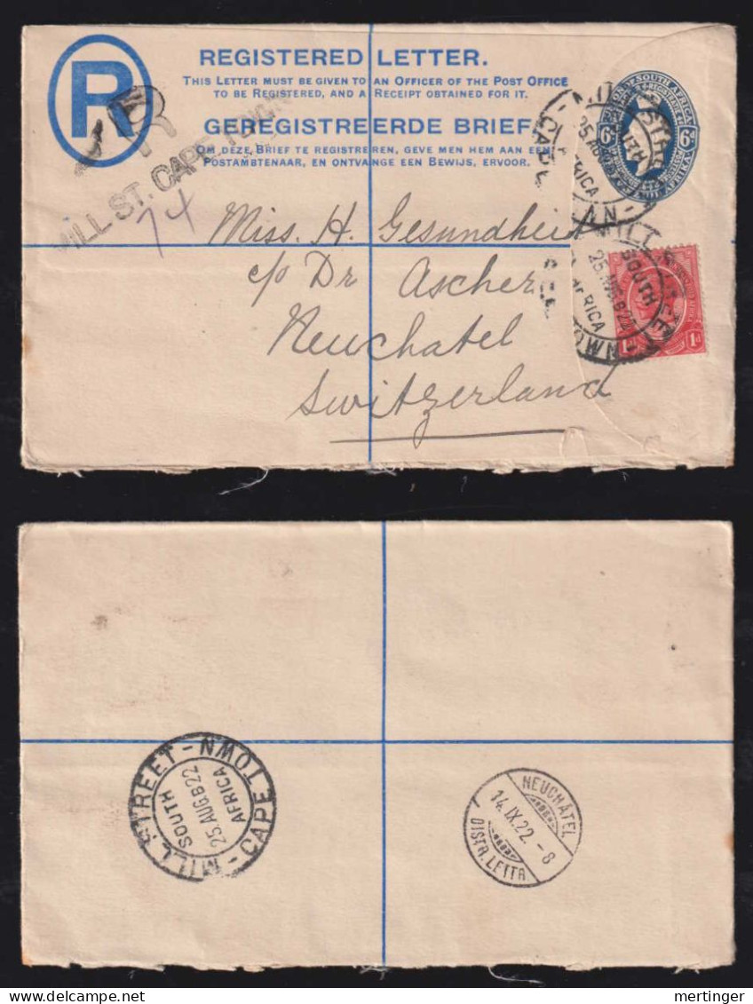 South Africa 1922 Registered Stationery Cover CAPE TOWN X NEUCHATEL Switzerland - Brieven En Documenten