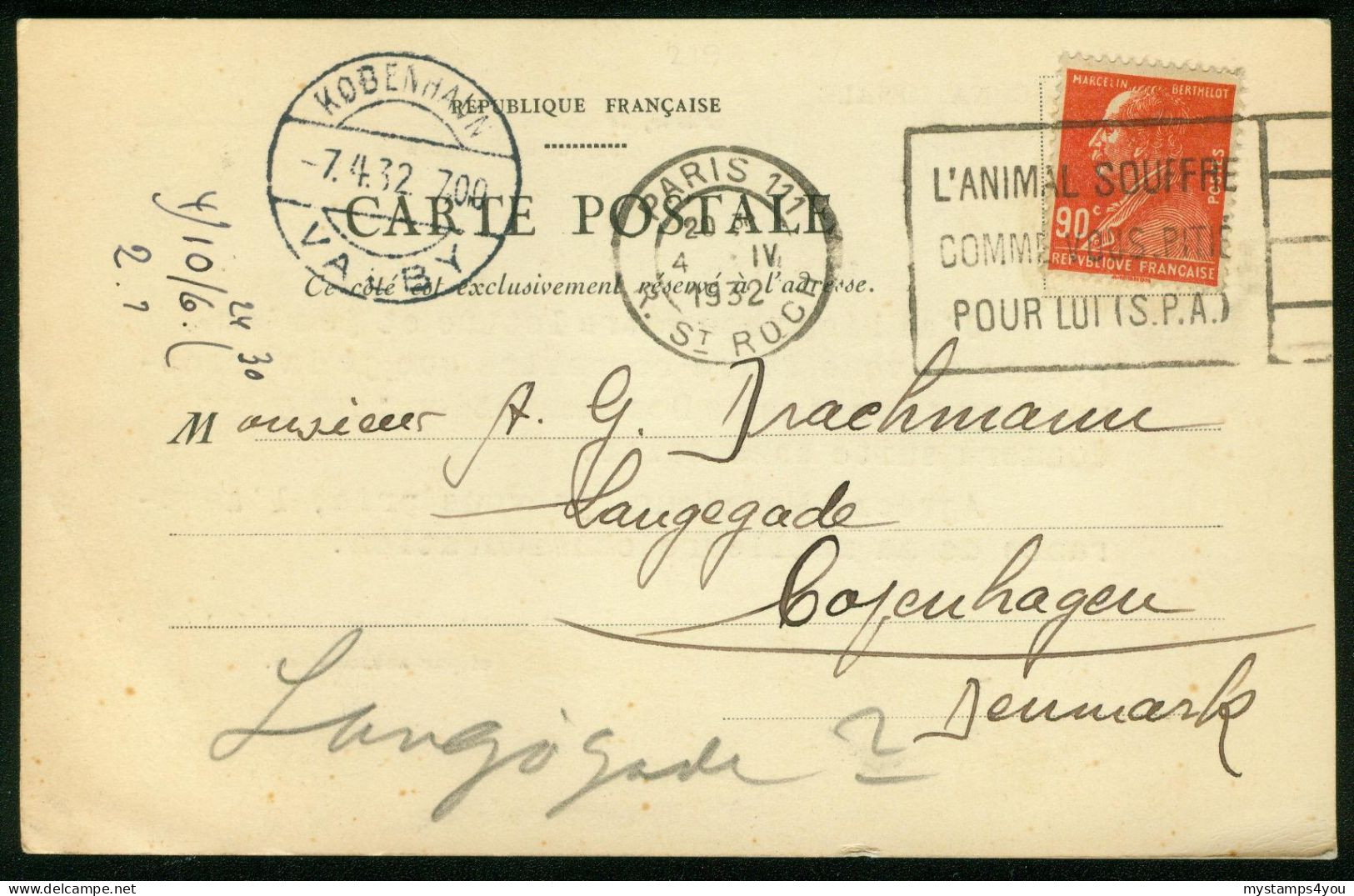 Br France, Paris 1932 Postcard > Denmark #bel-1065 - Lettres & Documents