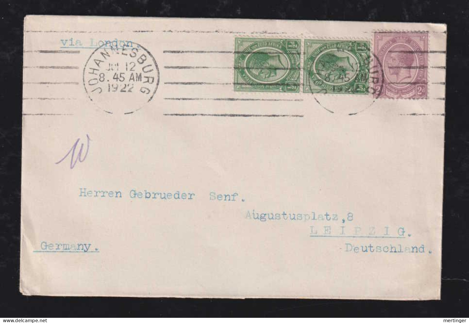 South Africa 1922 Cover 2x ½d + 2d  JOHANNESBURG X LEIPZIG Germany - Covers & Documents