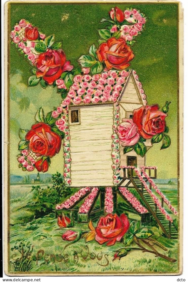 Jolie Fantaisie Gaufrée MOULIN Fleuri De Roses Rouges "Je Pense à Vous" Ed. KF 3011, Envoi 1914 - Autres & Non Classés