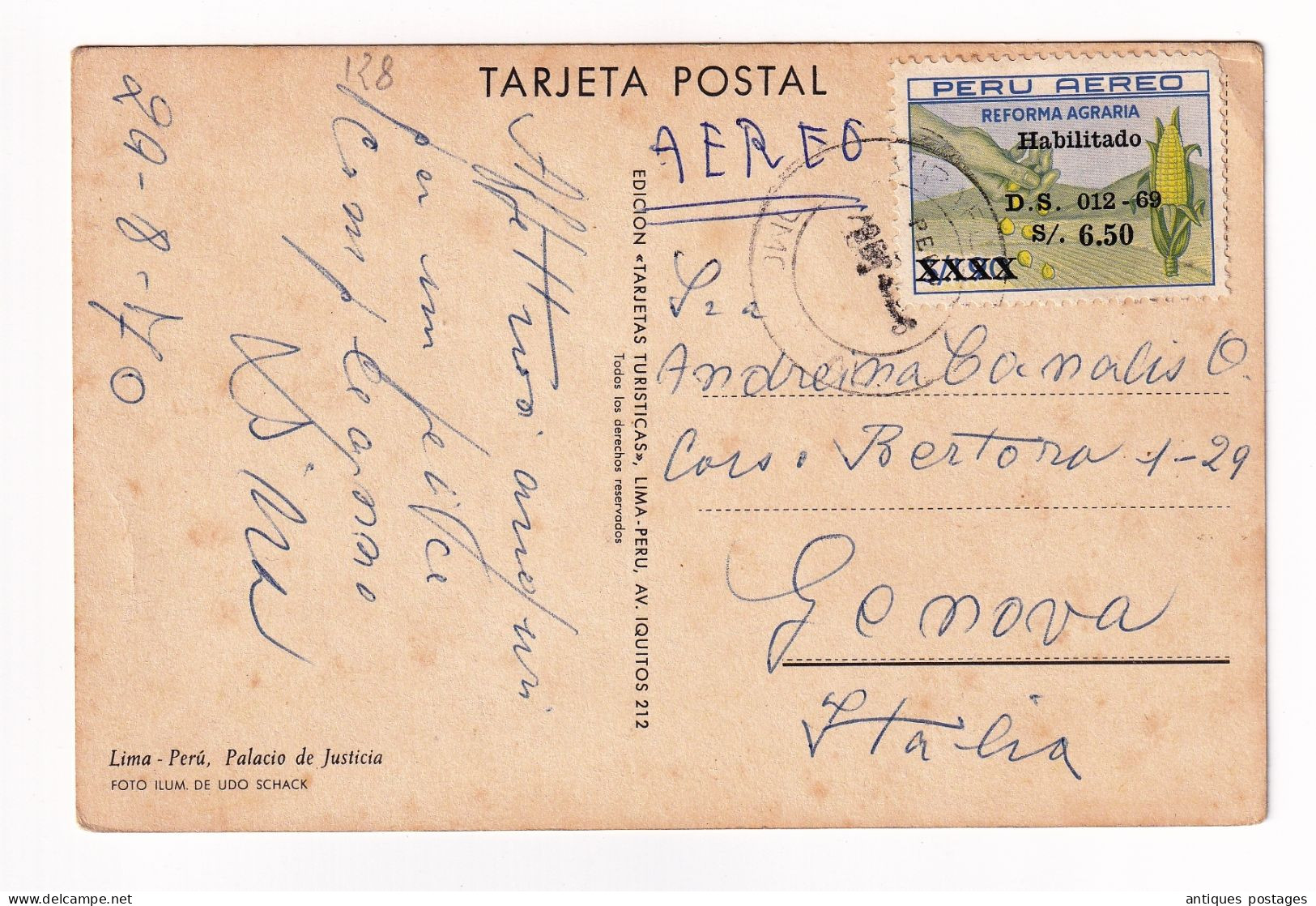 Tarjeta Postal Lima Perú Pérou Genova Italia Aéreo Reforma Agraria Palacio De Justicia - Peru