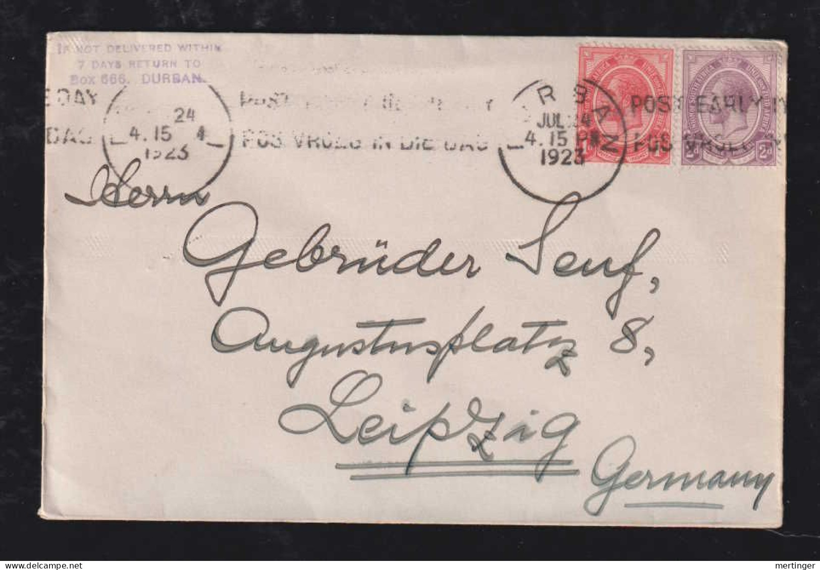 South Africa 1923 Cover 1d + 2d  DURBAN X LEIPZIG Germany - Briefe U. Dokumente