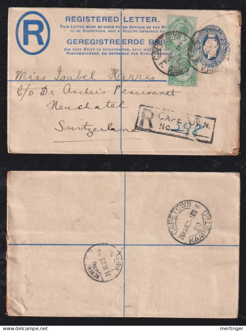 South Africa 1923 Registered Stationery Cover CAPE TOWN X NEUCHATEL Switzerland - Briefe U. Dokumente
