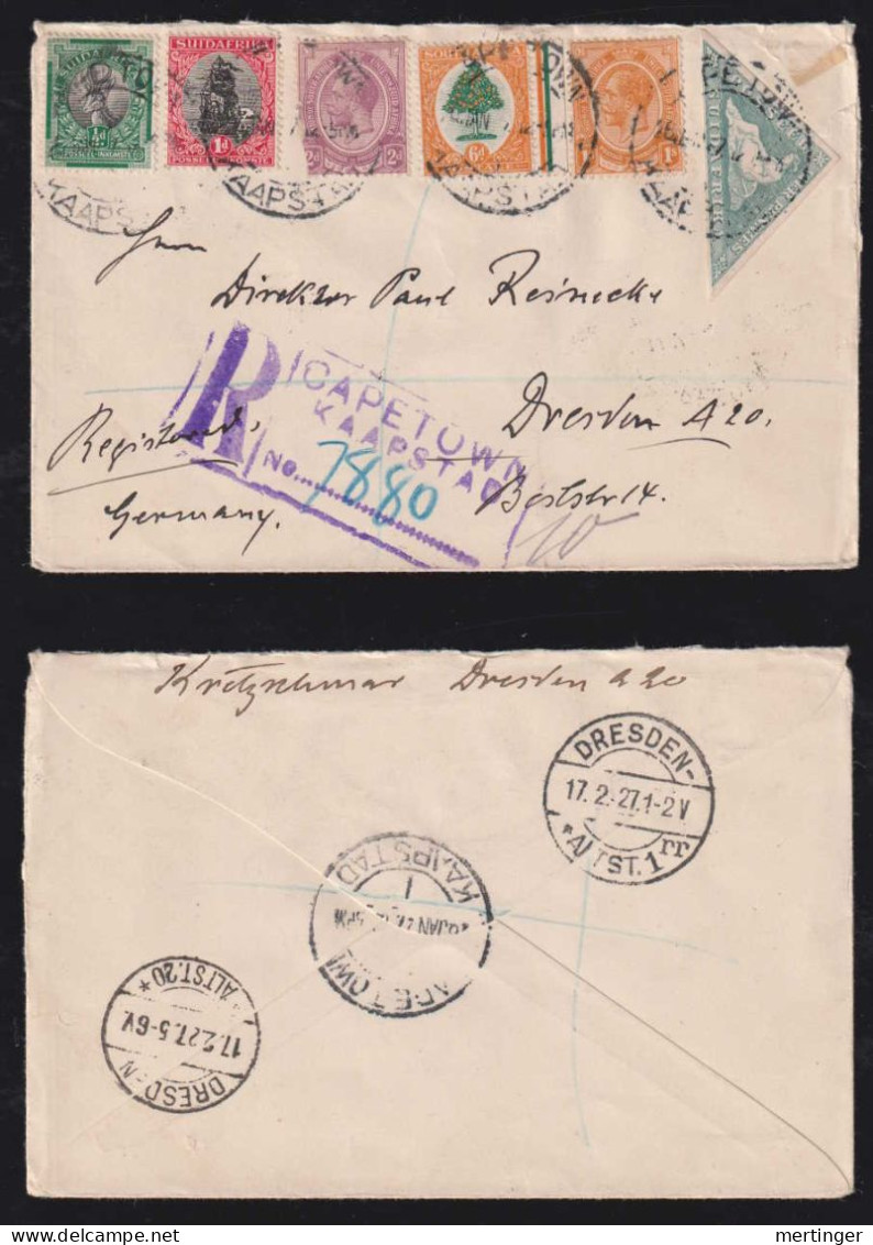 South Africa 1927 Registered Cover 4P Triangle Stamp CAPE TOWN X DRESDEN Germany - Briefe U. Dokumente