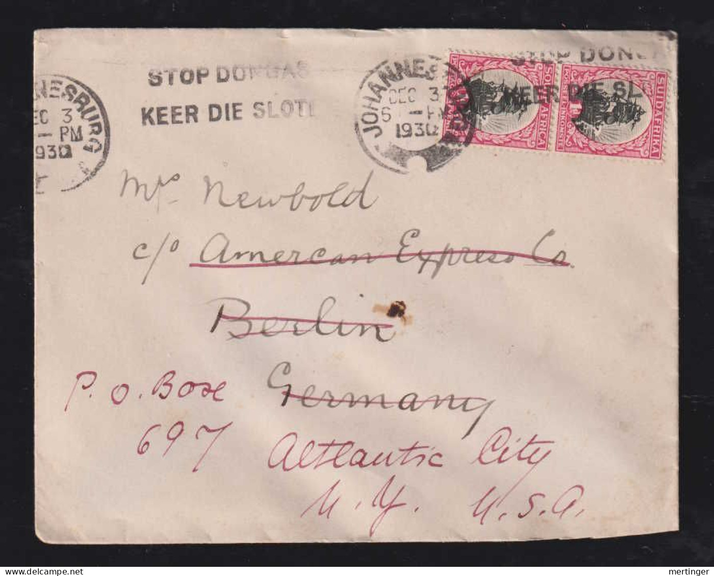 South Africa 1930 Cover JOHANNESBURG X BERLIN Germany Forwarded ATLANTIC CITY USA Stop Dongas Postmark - Briefe U. Dokumente