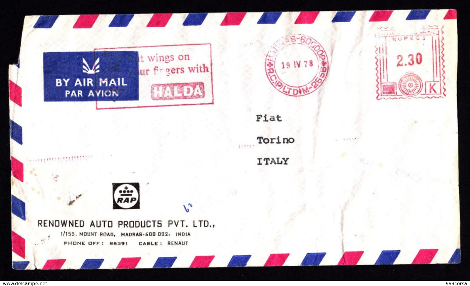 India, HALDA, Madras, R.C.(P)LTD, 2,30 Rupees, K, Ema, Meter, Freistempel - Lettres & Documents