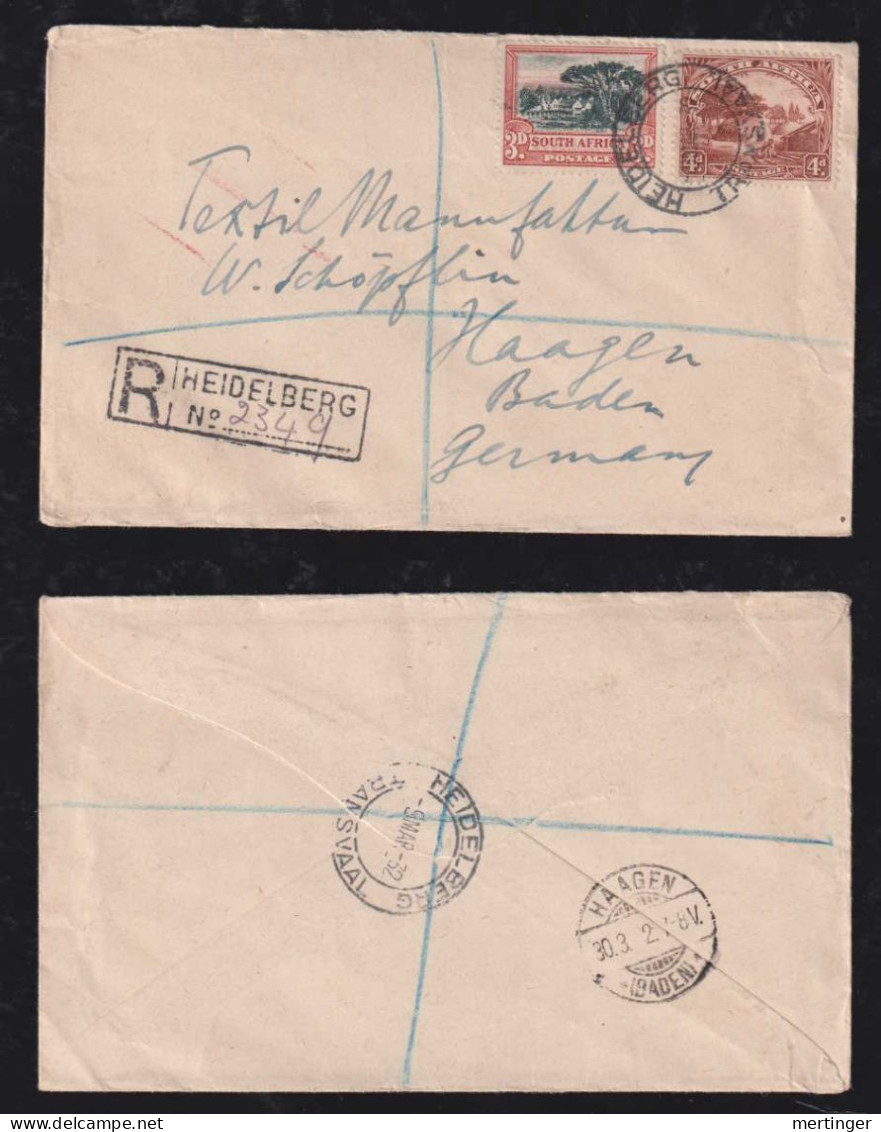 South Africa 1932 Registered Cover HEIDELBERG X HAAGEN Baden Germany - Lettres & Documents
