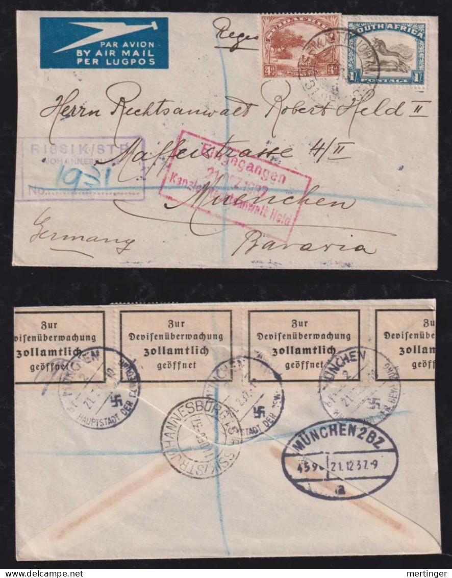 South Africa 1937 Censor Registered Airmail Cover JOHANNESBURG X MUNICH Germany - Covers & Documents