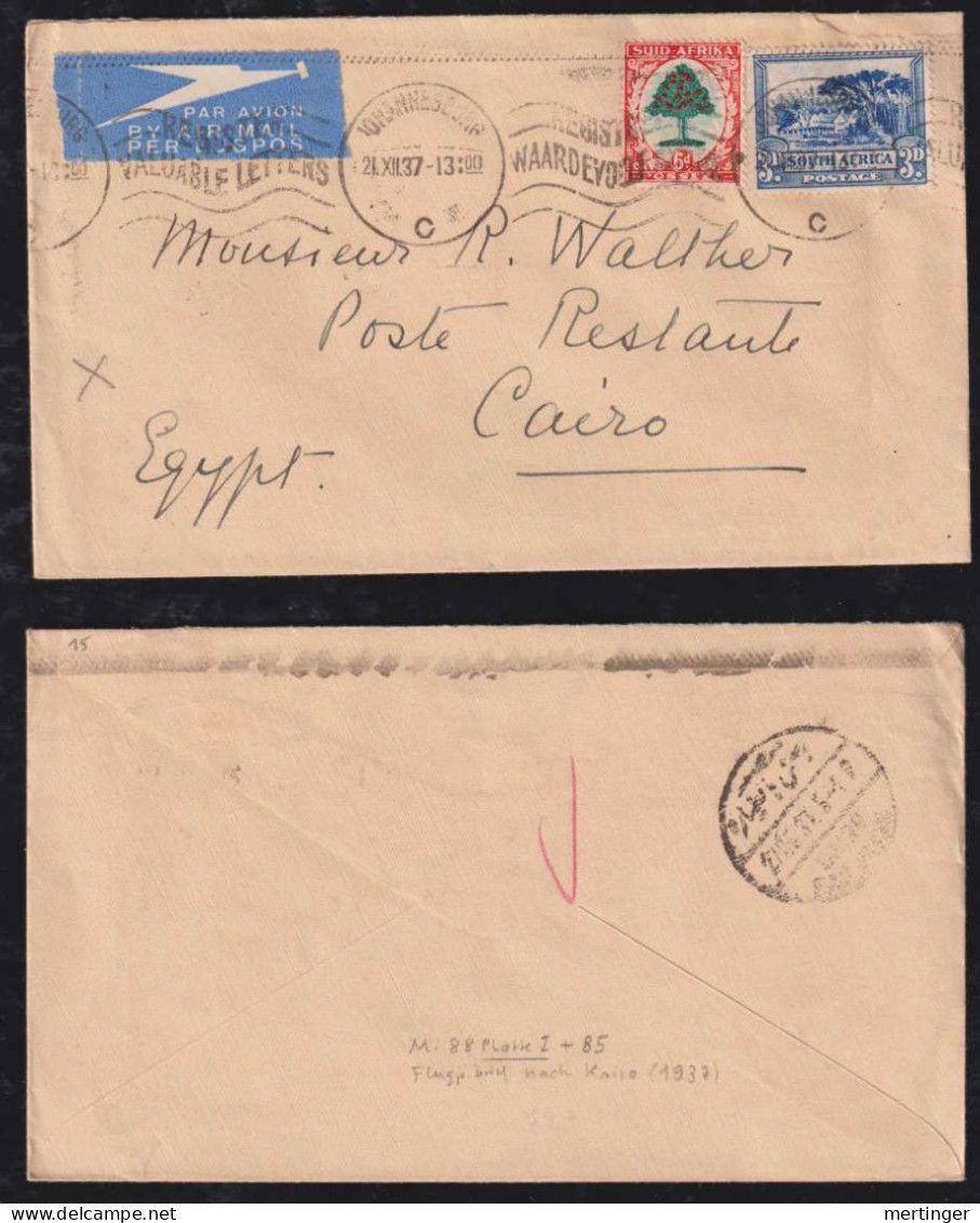 South Africa 1937 Airmail Cover JOHANNESBURG X CAIRO Egypt - Covers & Documents
