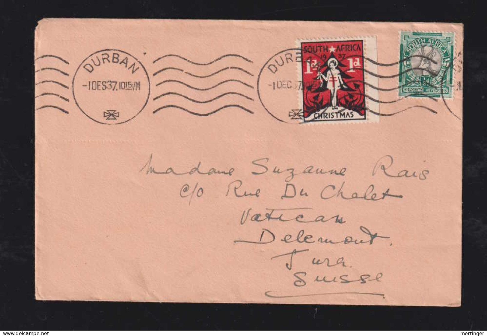 South Africa 1937 Printed Matter DURBAN X DELEMONT Switzerland Christmas Cinderella - Lettres & Documents