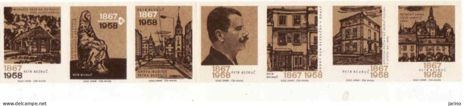 Czech Republic, 7 X Matchbox Labels, Petr Bezruč 1867 - 1958, Czech Poet - Luciferdozen - Etiketten