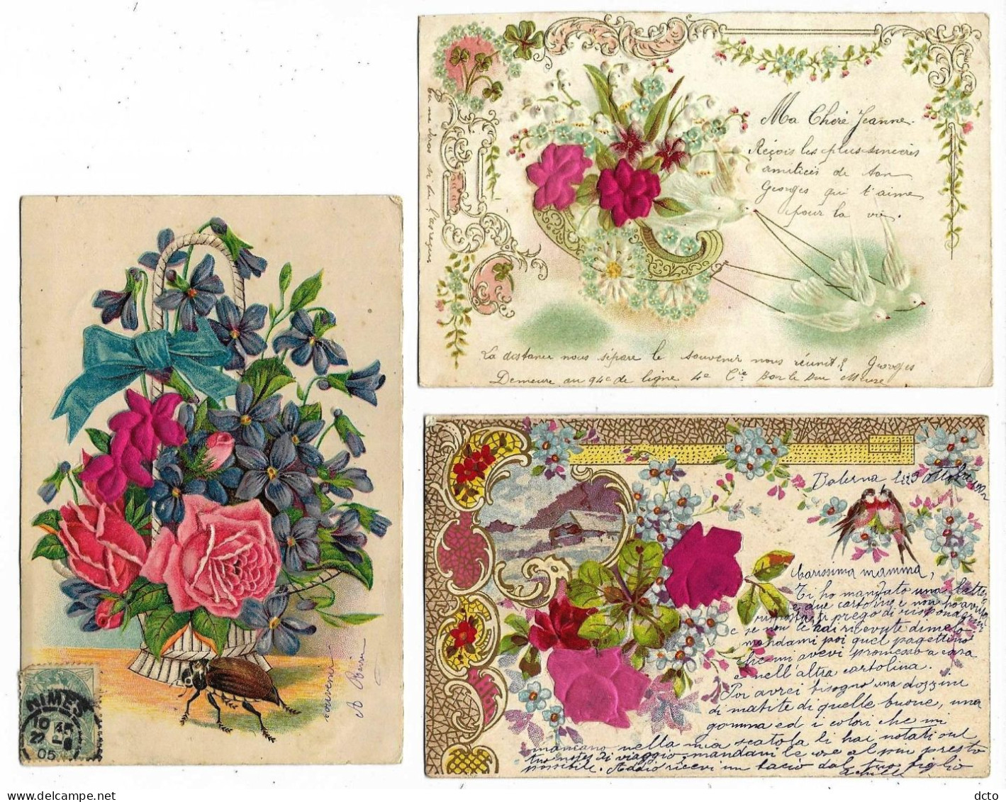 3 Cpa Fantaisie Fleurs Roses Gaufrées Velours Avec Oiseaux Ou Hanneton, Début De Siècle 1902-1903-1906 TBE - A Systèmes