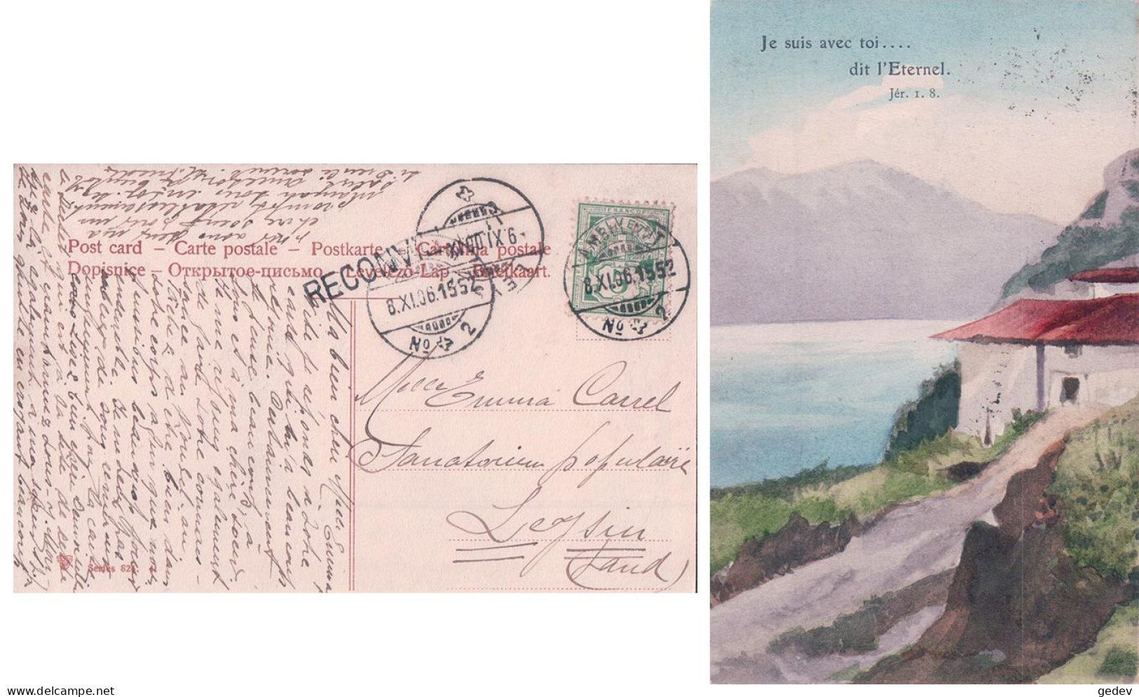 Paysage, Lac Et Montagne Litho, Cachet Linéaire RECONVILIER (8.11.1906) - Reconvilier