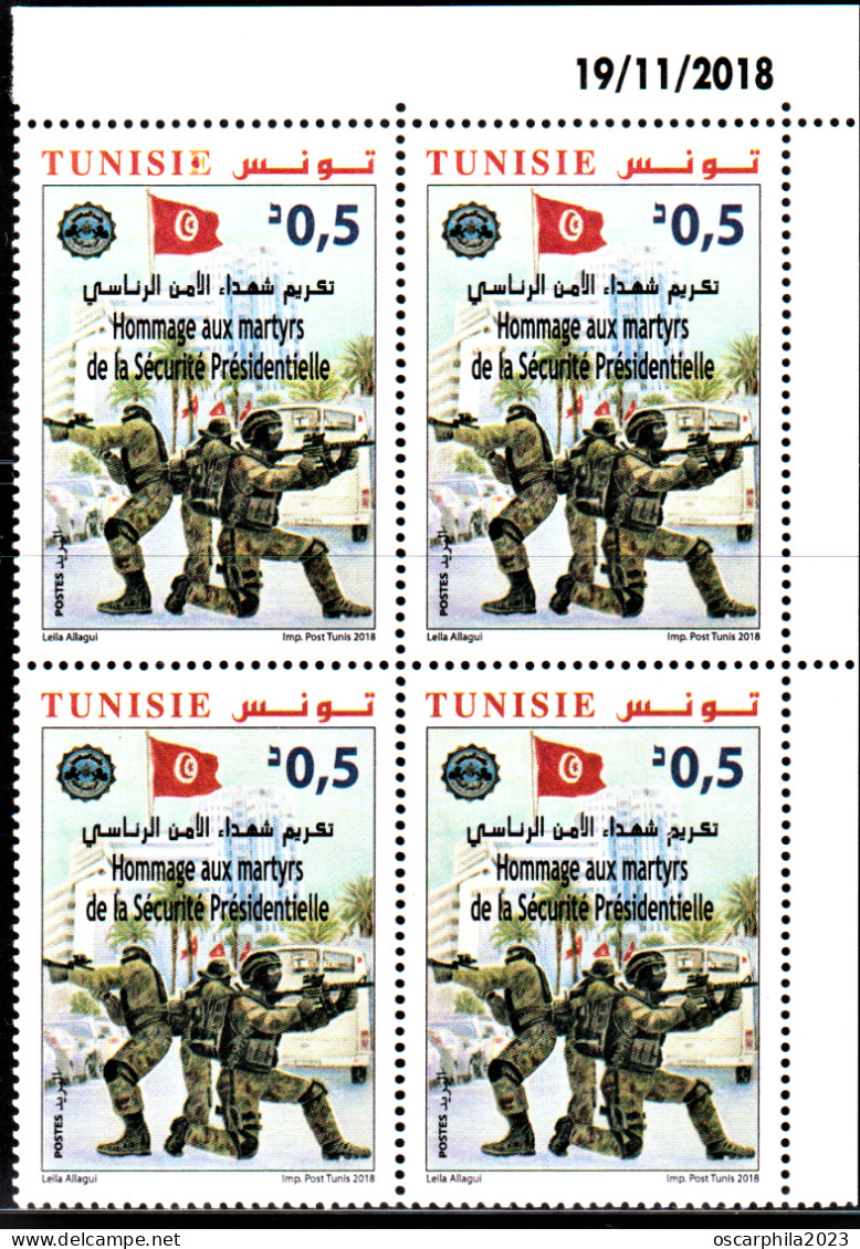 2018 -Tunisie- Hommage Aux Martyrs De La Sécurité Présidentielle  - Bloc De 4 Coin Daté 4V - MNH***** - Tunisie (1956-...)