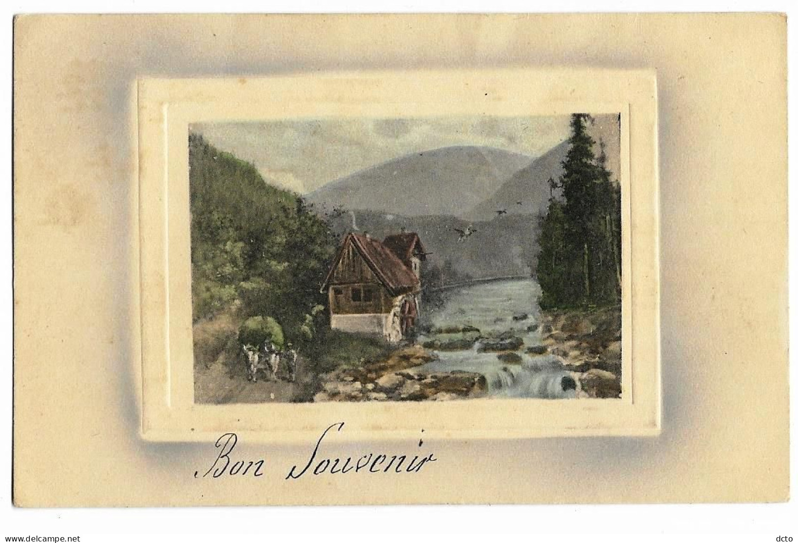 2 Cpa Scènes Avec Cadre Gaufré Bon Souvenir Moulin à Eau (VK Vienne 4039), Scène Du Coucher De L'enfant Prière - Dreh- Und Zugkarten