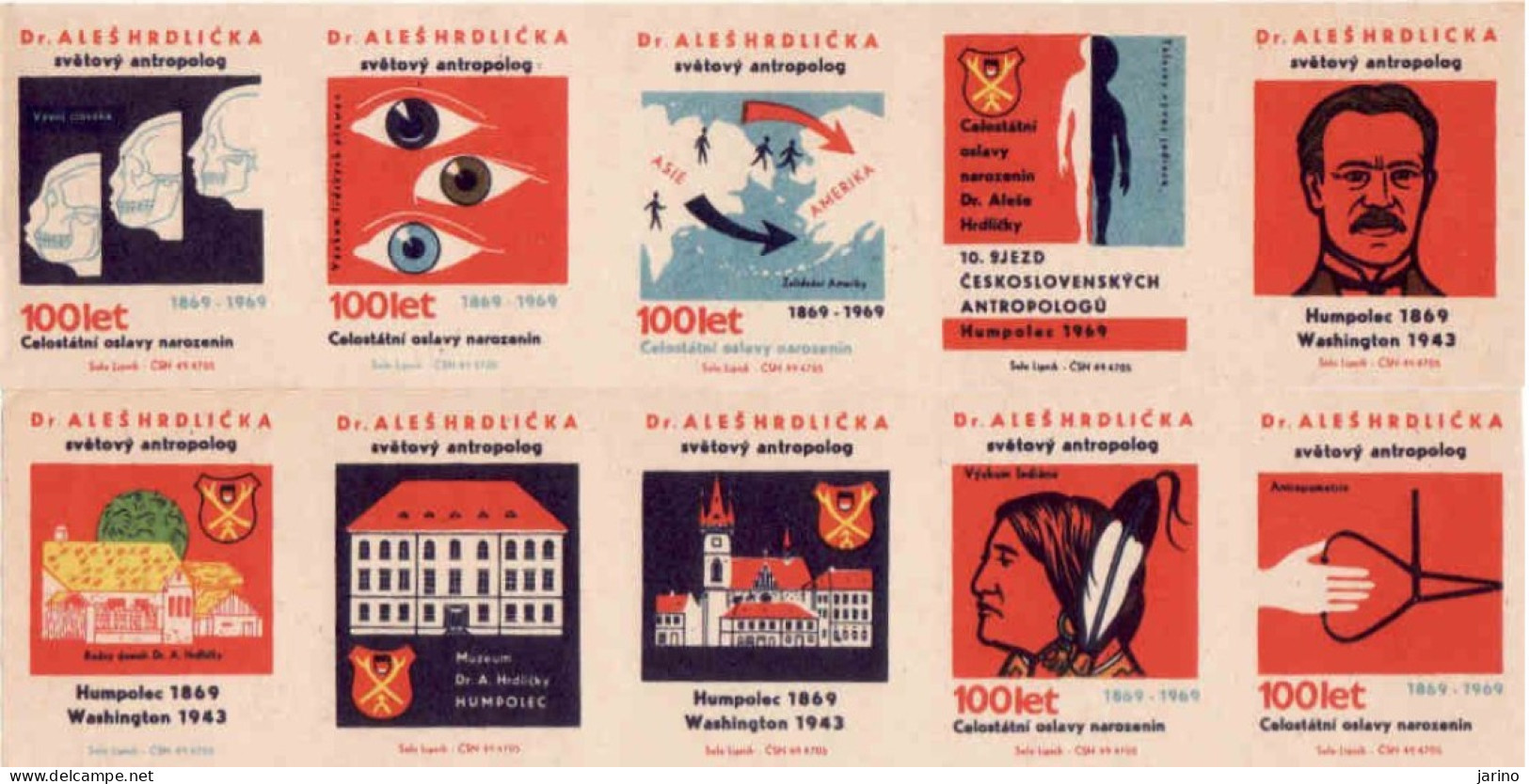 Czech Republic, 10 X Matchbox Labels, Dr. Aleš Hrdlička 1869 - 1943, World Anthropologist, Museum Humpolec - Boites D'allumettes - Etiquettes
