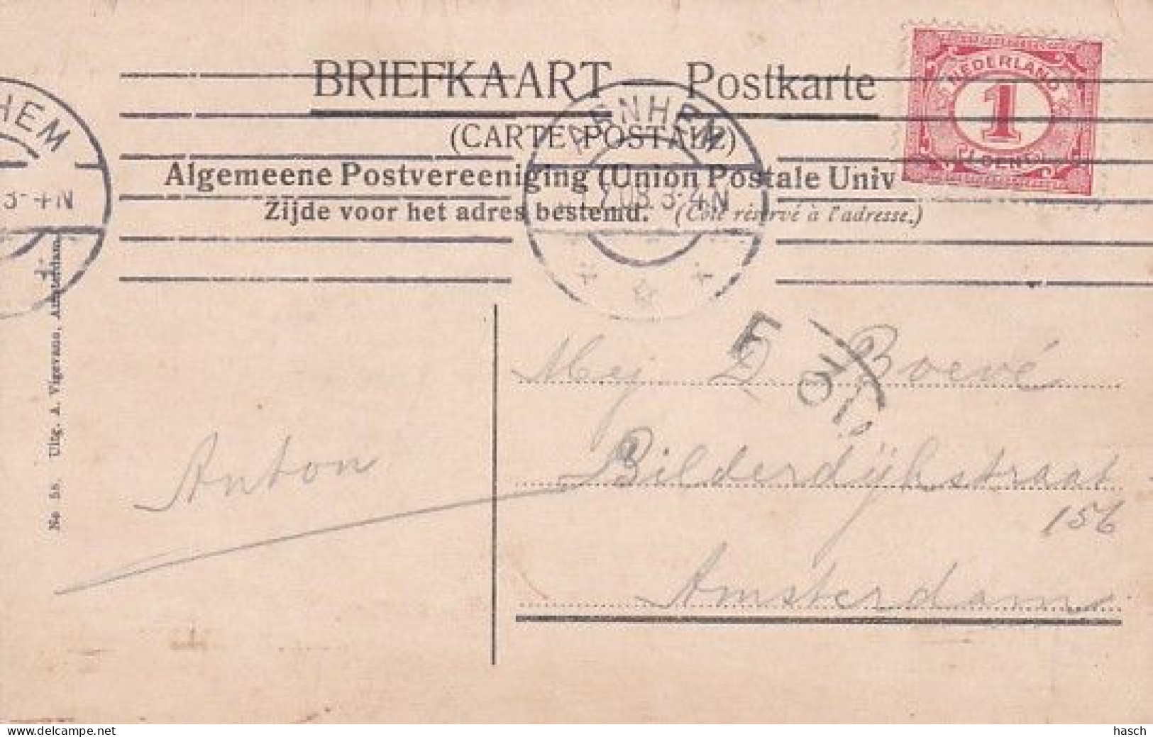 1850	332	Arnhem, Lauwersgracht (poststempel 1908)(zie Hoeken En Randen) - Arnhem