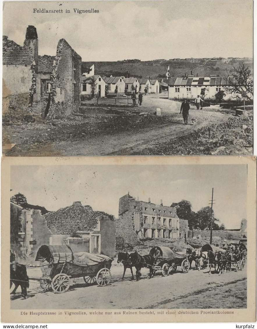 2 CPA Vigneulles - Hôpital De Campagne + Colonne De Ravitaillement Allemande, Feldpost 1916 - Luneville