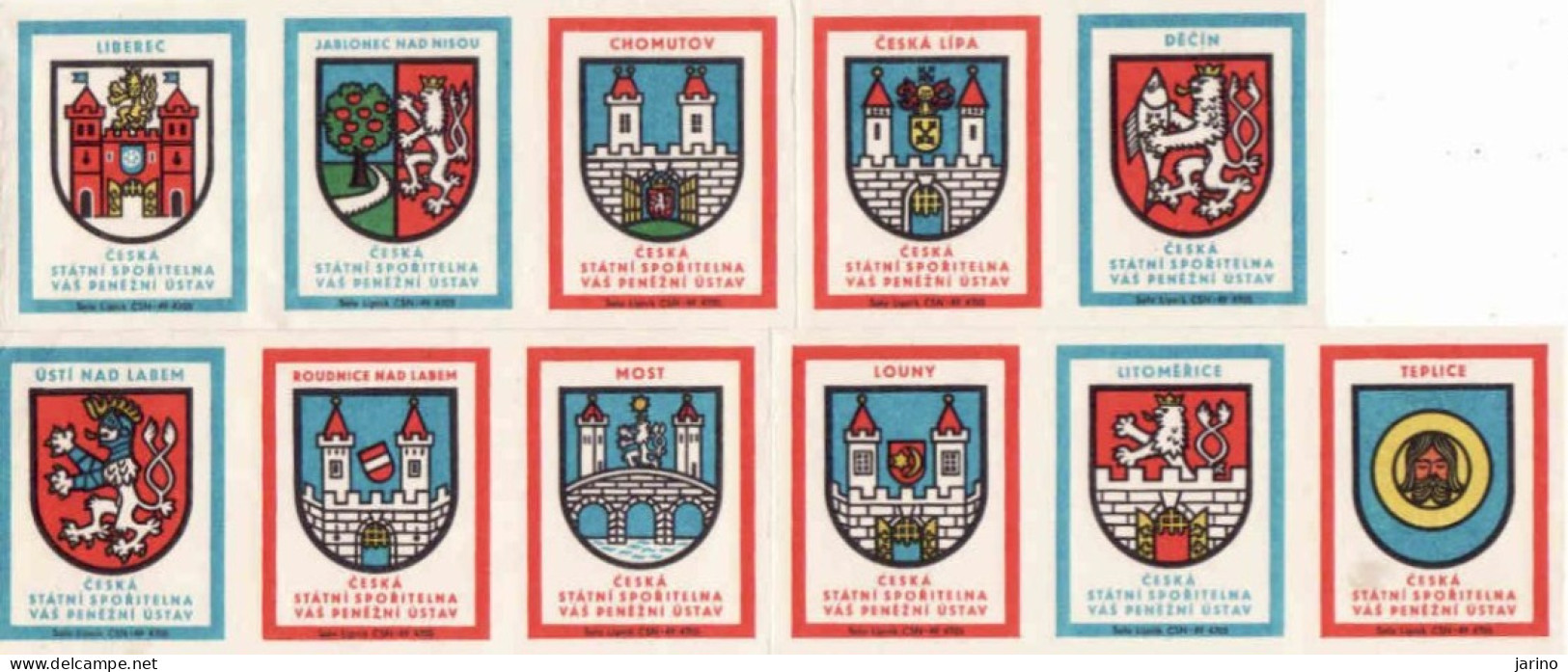 Czech Republic, 11 X Matchbox Labels, Erby - Coat Of Arms Ústí N. L. Most Louny Teplice Liberec Jablonec Dečín Chomutov - Boites D'allumettes - Etiquettes