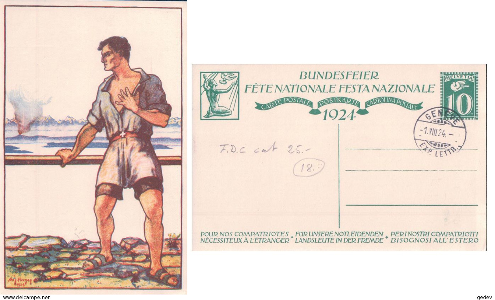 Carte Fête Nationale 1924 Auslandschweizer, Illustrateur Aug. Herzog, Cachet Genève 1.8.1924 (25) - Lettres & Documents