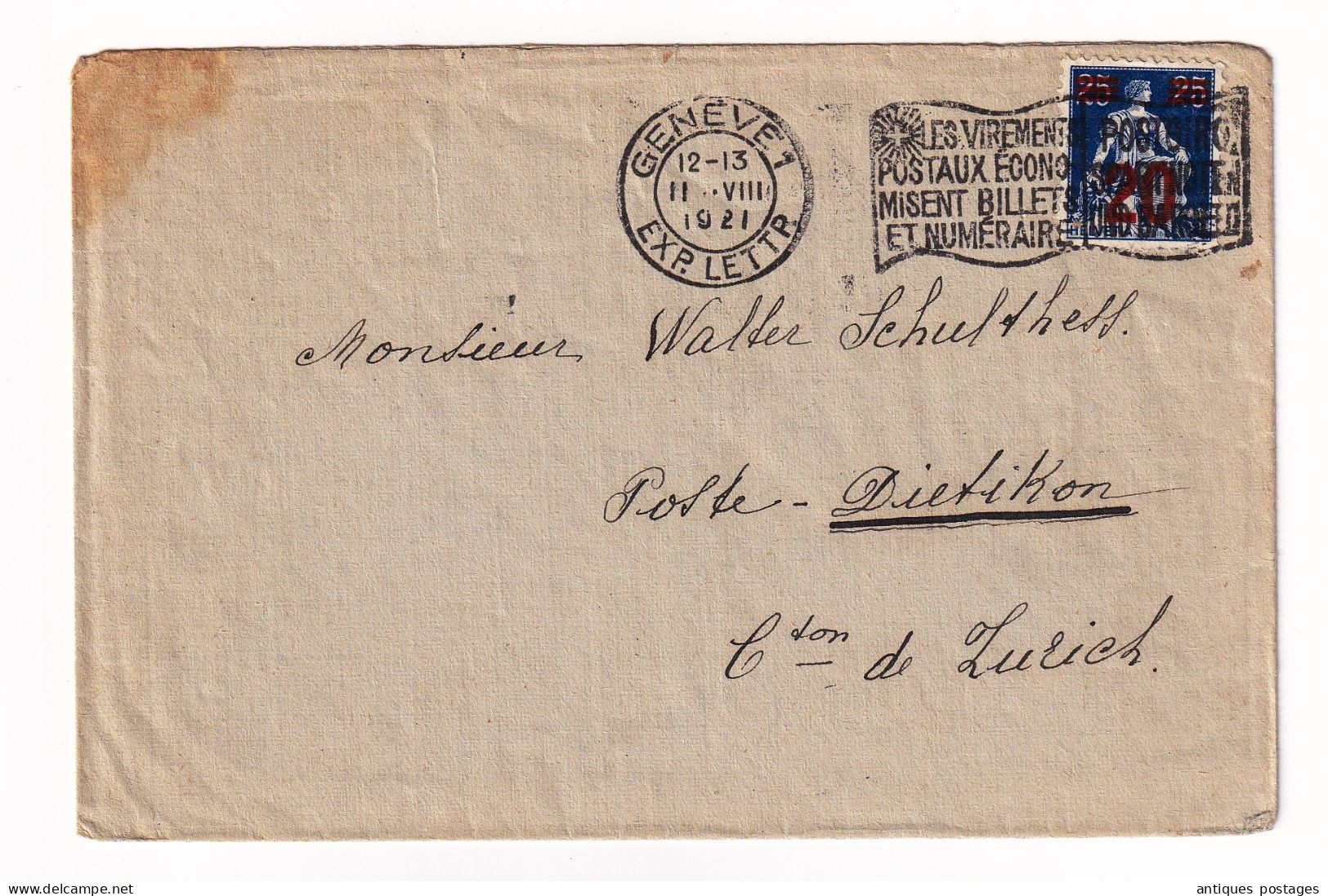 Lettre 1921 Helvetia 25c Surcharge Rouge Genève Pour Zürich Suisse Switzerland - Cartas & Documentos