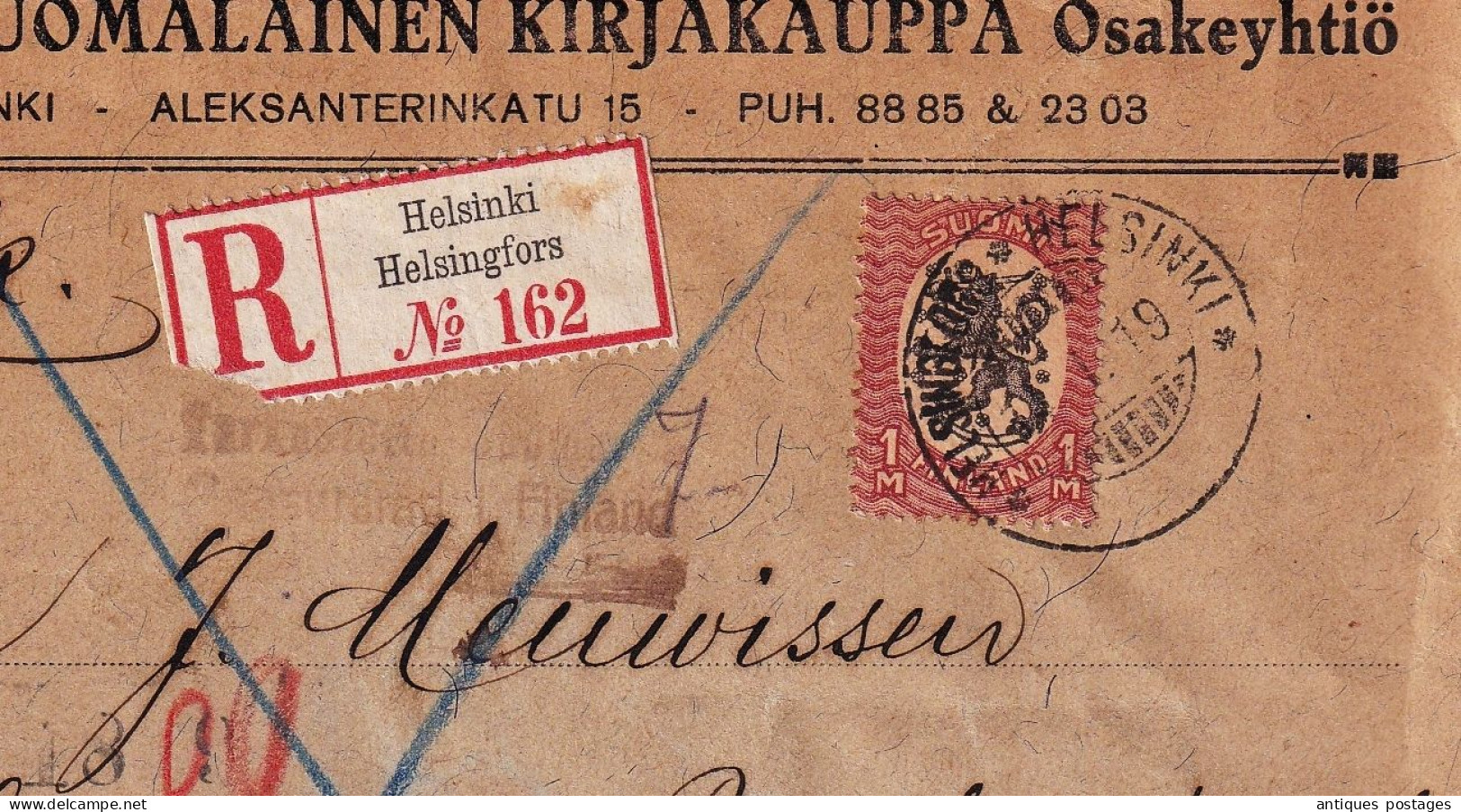 Registered 1919 Helsinki Finlande Finland Helsingin Suomalainen Kirjakauppa Osakeyhtiö Den Haag  's-Gravenhage - Covers & Documents