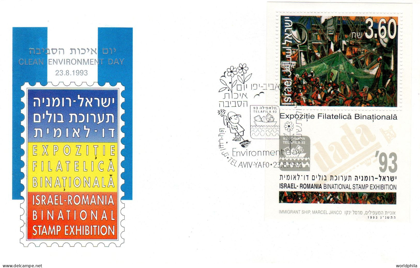 ISRAEL-Romania "Israel-Romania 93" BiNational Stamp Exhibition Cacheted Cover "Immigrant Ship" Souvenir Sheet - Covers & Documents