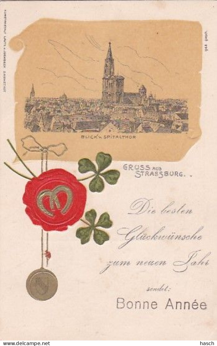 1859	59	Strassburg, Gruss Aus. Blick V. Spitalhor.  Bonne Année (reliëf Kaart) (reclame Voir Verso, Voir Coins) - Strasbourg