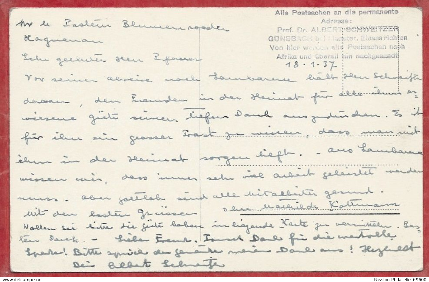 Gabon - LAMBARENE - Hopital Du Docteur Albert SCHWEITZER - AUTOGRAPHE - Gabon