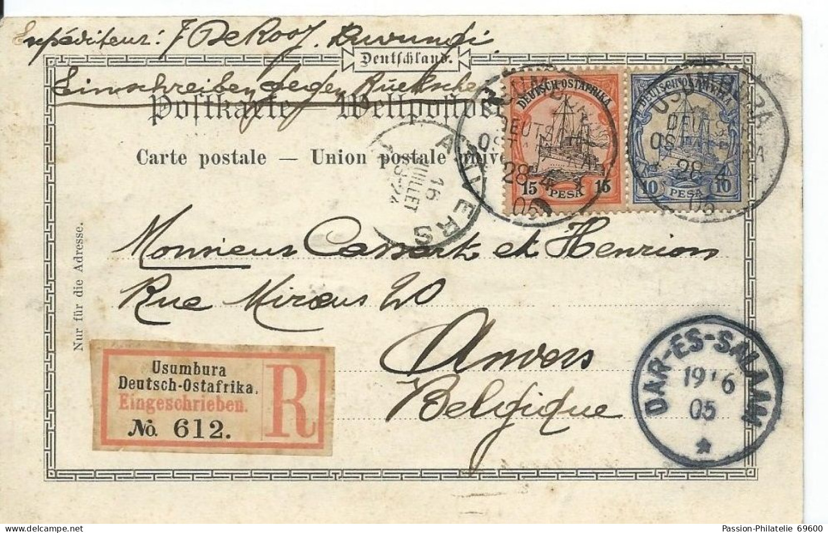 Militar Station Tabora Neue Boma - Circulé 1905 + Timbre Deutsch Ostafrika + Recommandé / Stamp Usumbura - Tansania