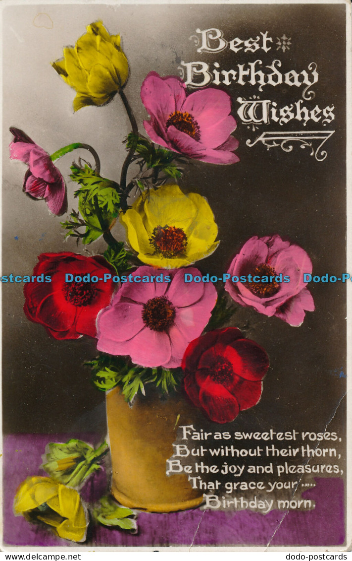 R001873 Greeting Postcard. Best Birthday Wishes. Flowers In Vases. RP. 1934 - Monde