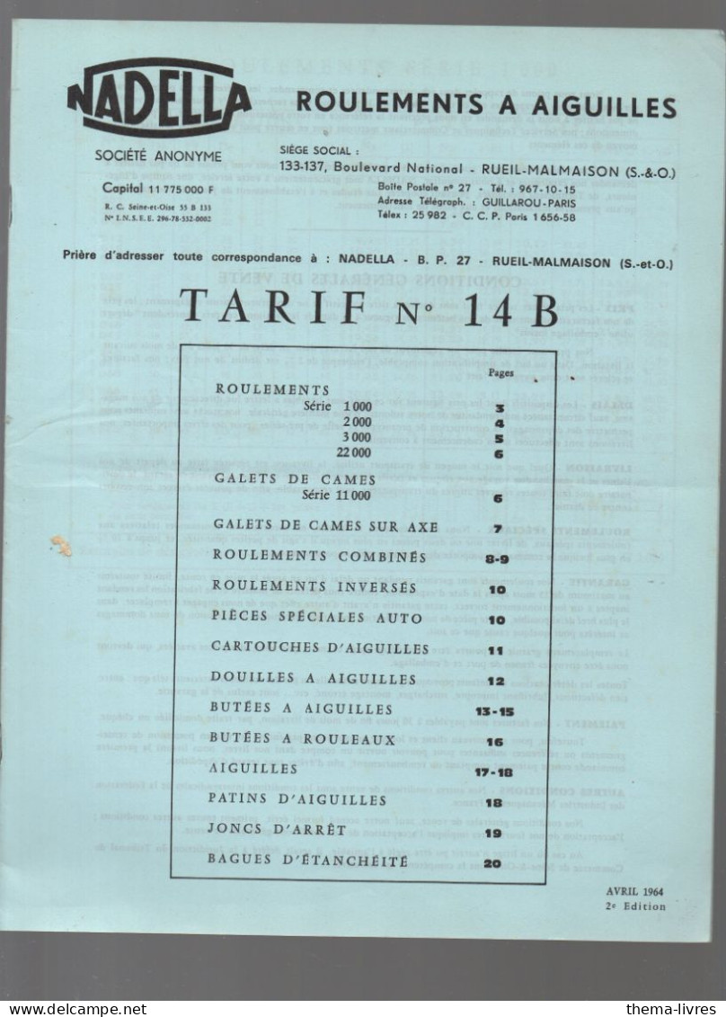 Rueil Malmaison (92), Catalogue Pièces Mécanique NADELLA  Tarif Roulements à Aiguilles  1964  (CAT7216) - Publicités