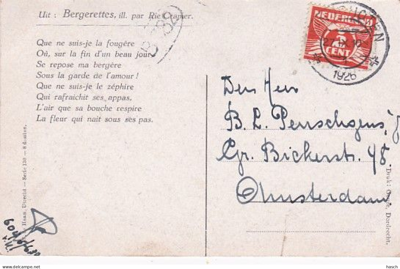 187814Rie Cramer, Bergerettes, Que Ne Suis-je La Fougère (poststempel 1926)(onderin Een Scheurtje) - Sonstige & Ohne Zuordnung