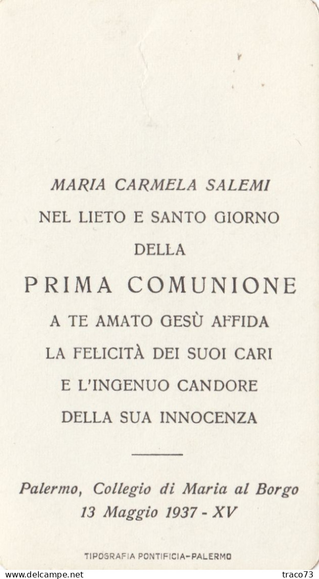 PRIMA COMUNIONE - Ricordo  /  Palermo  1937 _ Santino - Images Religieuses