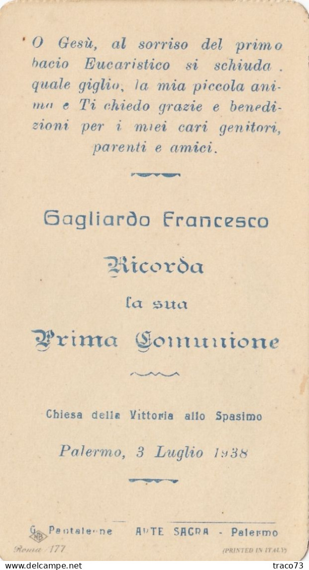 PRIMA COMUNIONE - Ricordo  /  Palermo  1938 _ Santino - Images Religieuses