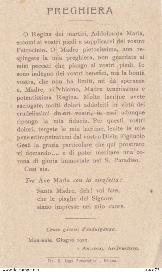 SANTISSIMA VERGINE ADDOLORATA DEL ROMITELLO  /  Borgetto   1922 _ Santino - Images Religieuses