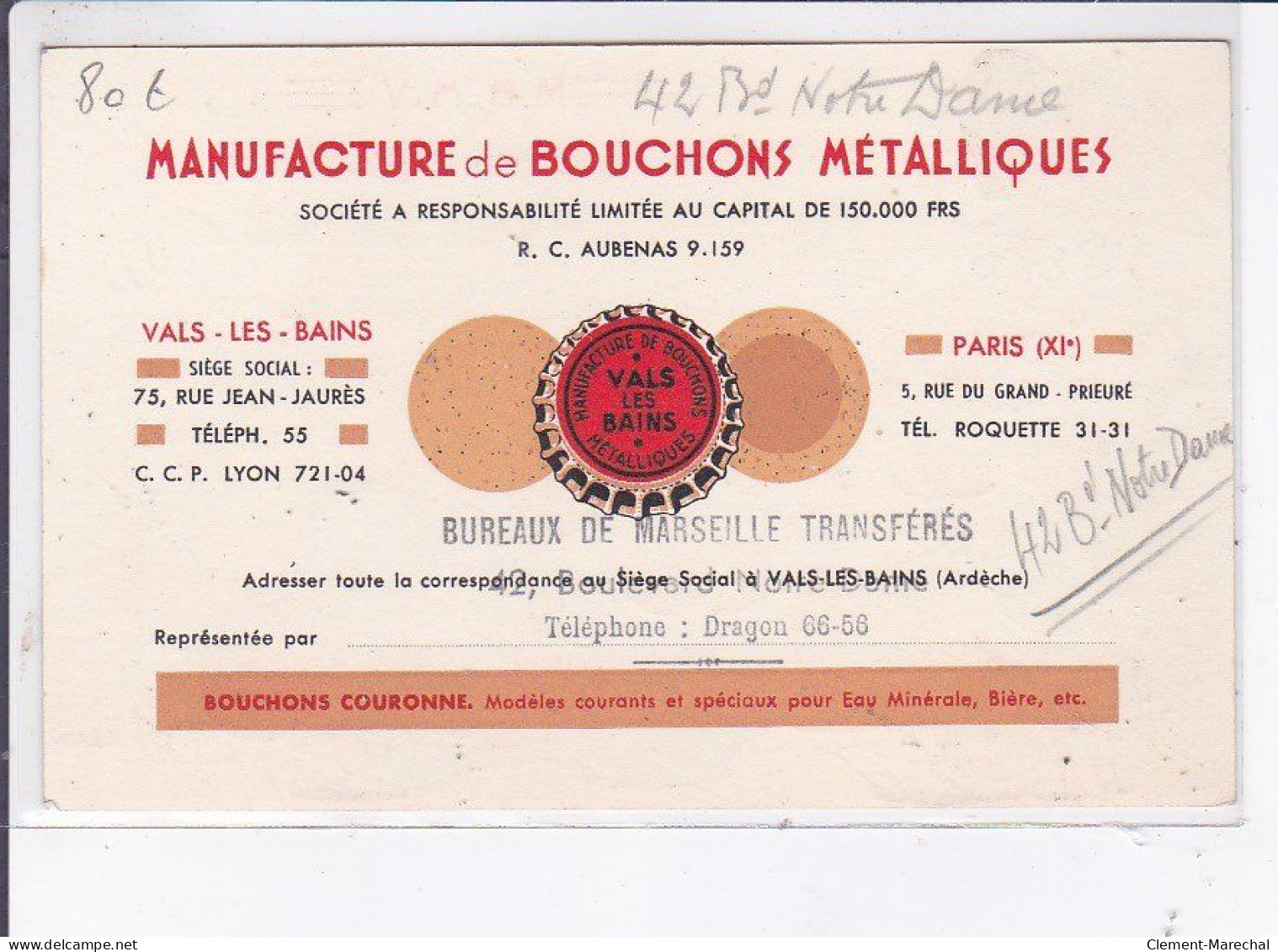 PUBLICITE : Manufacture De Bouchons Métalliques (capsules - Bière Boissons - Vals Les Bains) - Très Bon état - Publicité