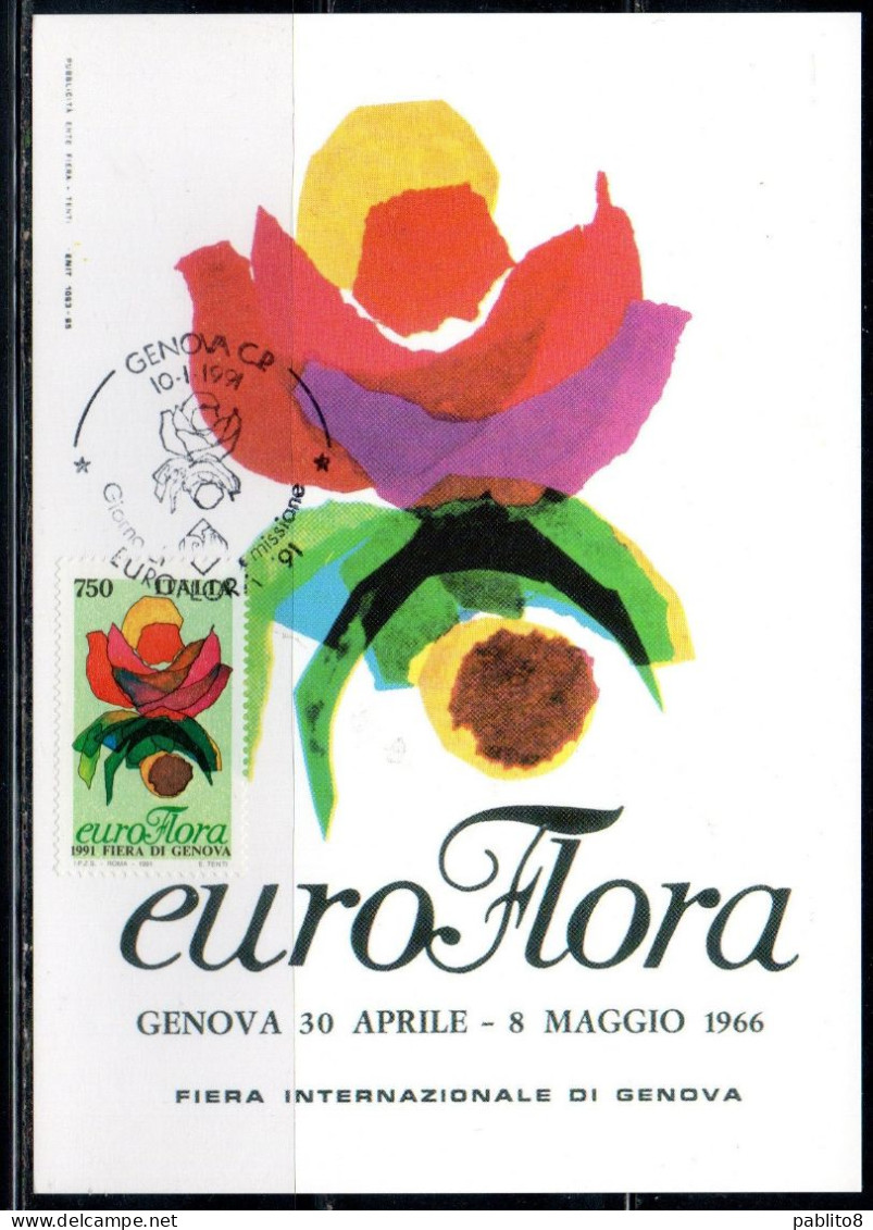 ITALIA REPUBBLICA ITALY REPUBLIC 1991 MANIFESTAZIONE EUROFLORA FIERA DI GENOVA LIRE 750 CARTOLINA MAXI MAXIMUM CARD - Maximumkarten (MC)