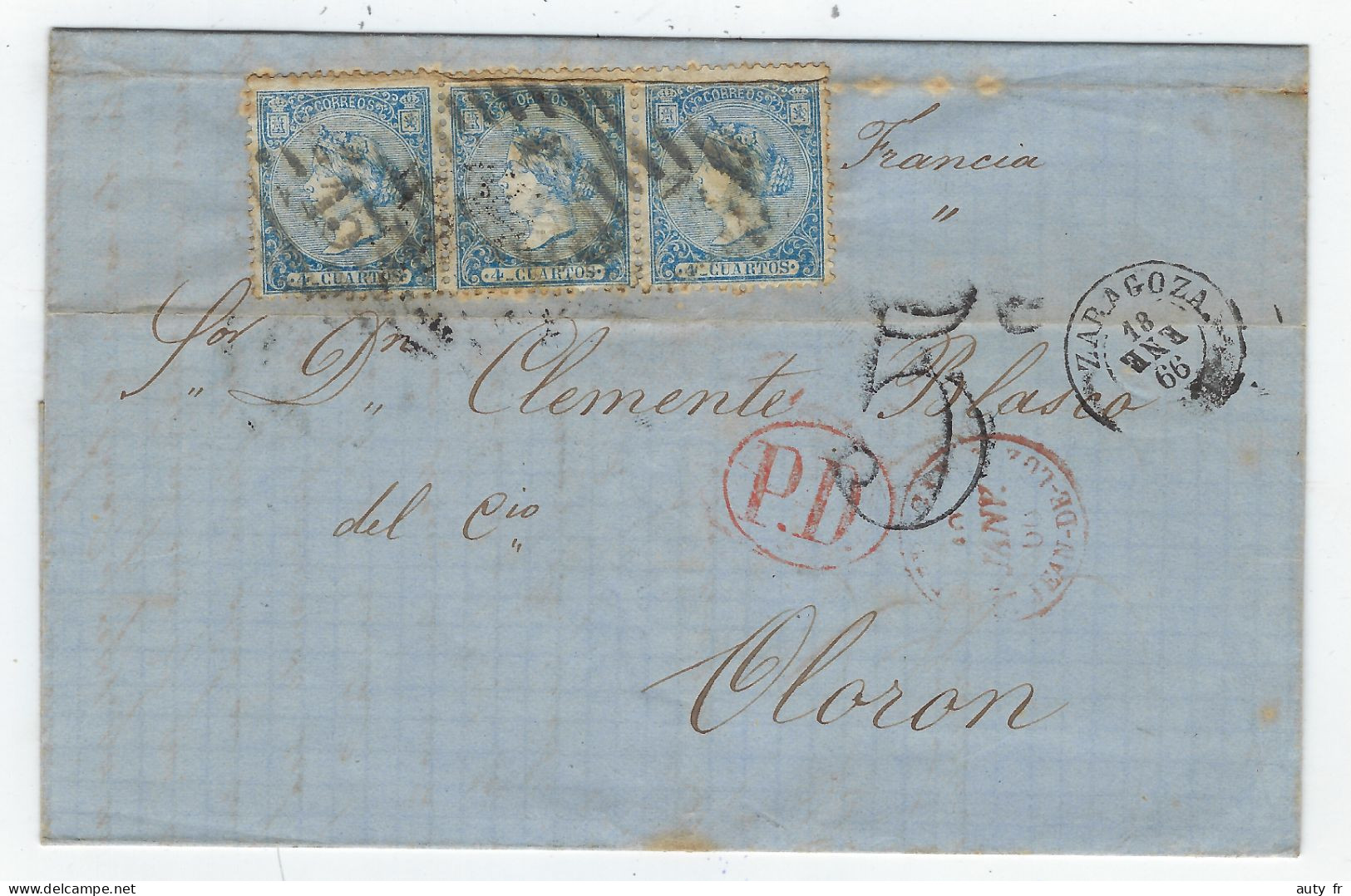 Lettre De Zaragoza 1866 Pour Oloron France - Bande De 3 Timbres - Covers & Documents