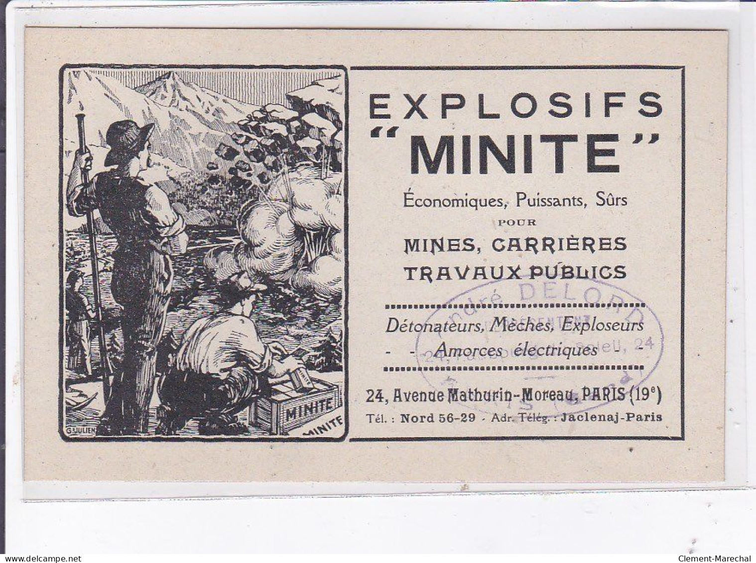 PUBLICITE : "explosifs Minite" Mines, Carrrière (24 Avenue Mathurin Moreau à Paris 19ème) - Très Bon état - Advertising