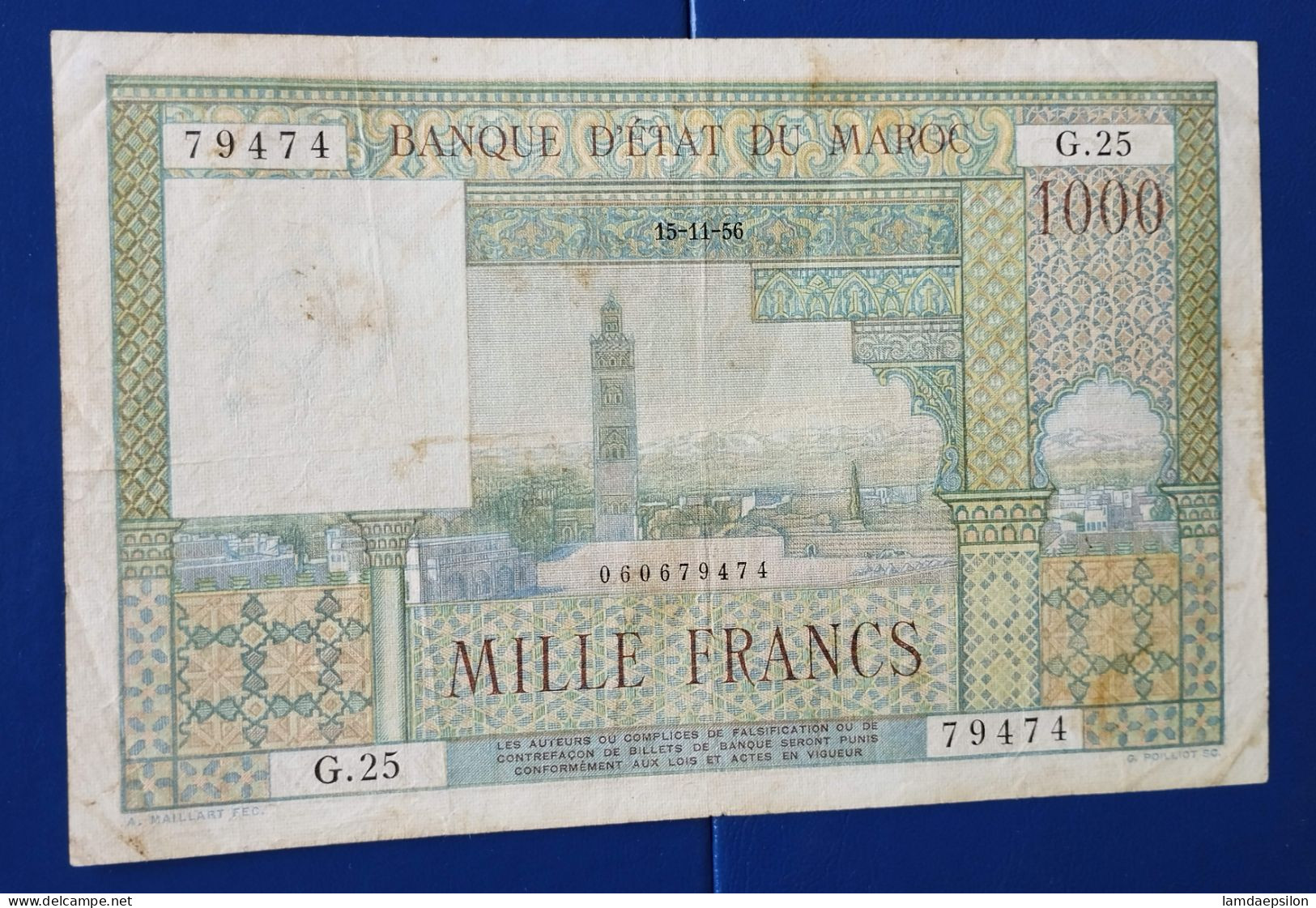 BANQUE D'ETAT DU  MAROC MOROCCO  MARRUECOS 1000 FRANCS 15-11-1956.. - Maroc