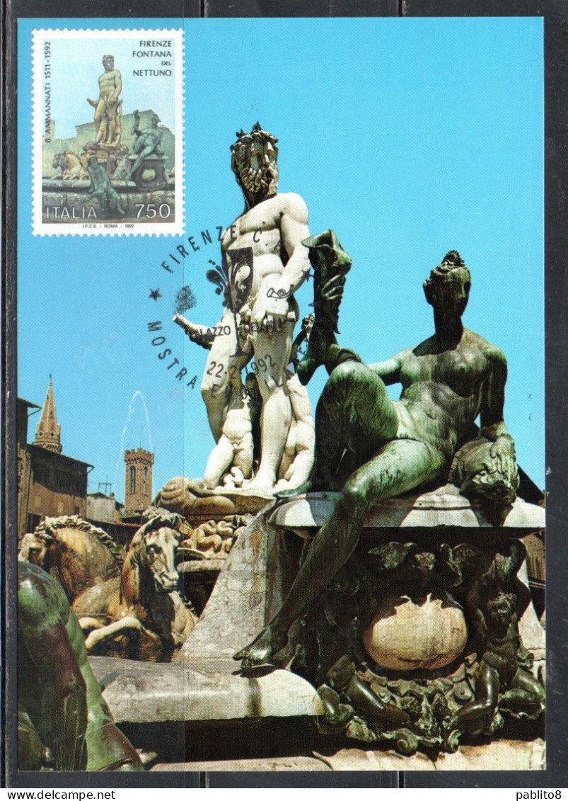 ITALIA REPUBBLICA ITALY 1992 PATRIMONIO ARTISTICO LA FONTANA DEL NETTUNO FIRENZE LIRE 750 CARTOLINA MAXI MAXIMUM CARD - Maximum Cards