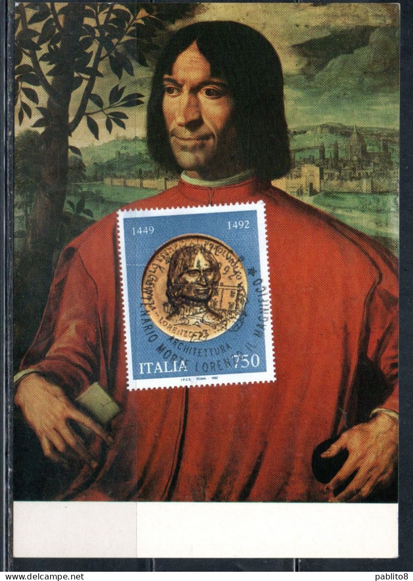 ITALIA REPUBBLICA ITALY REPUBLIC 1992 LORENZO DEI MEDICI DETTO IL MAGNIFICO LIRE 750 CARTOLINA MAXI MAXIMUM CARD - Maximumkarten (MC)