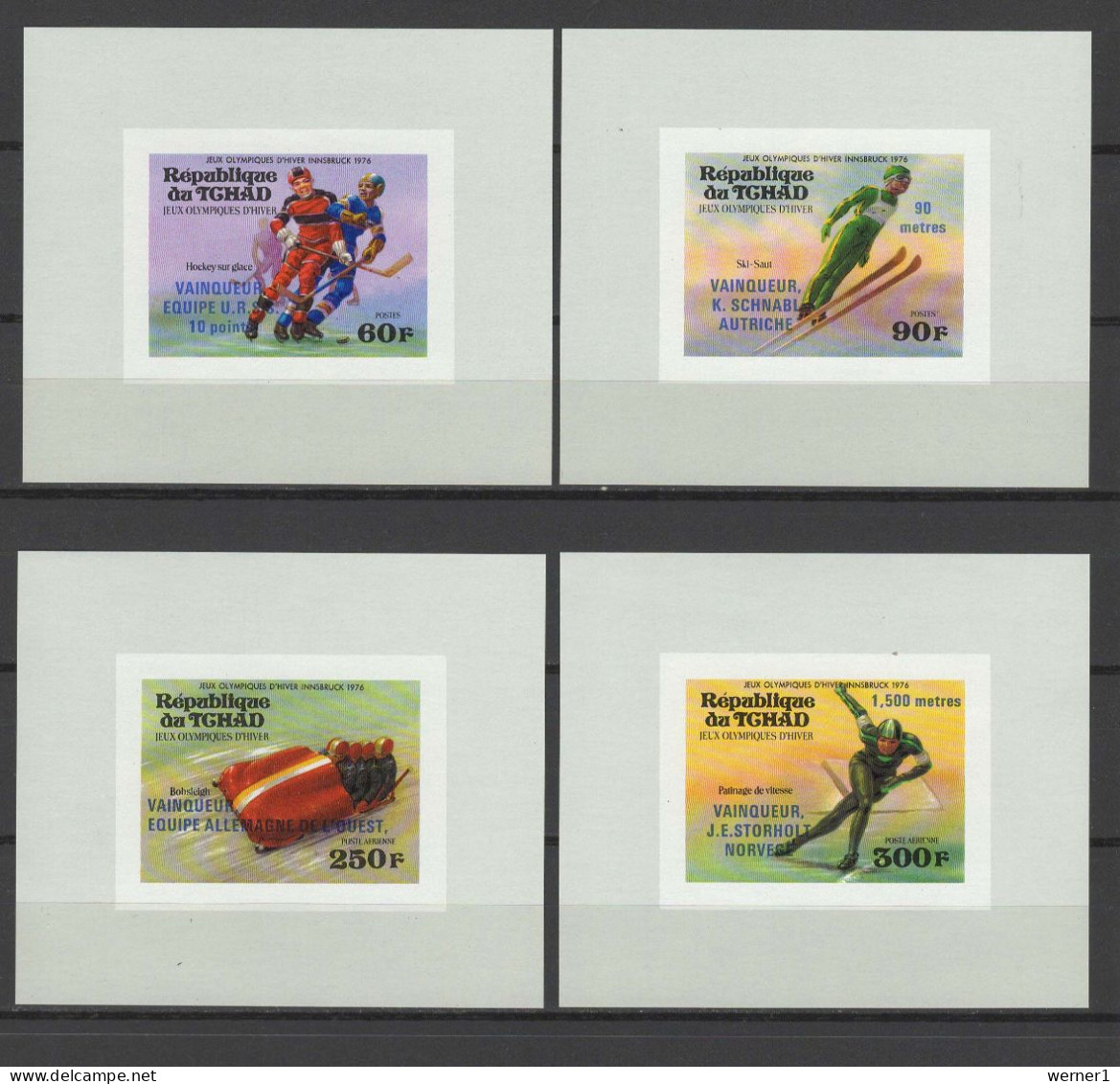 Chad - Tchad 1976 Olympic Games Innsbruck Set Of 4 S/s With Winners Overprint In Blue Imperf. MNH -scarce- - Hiver 1976: Innsbruck