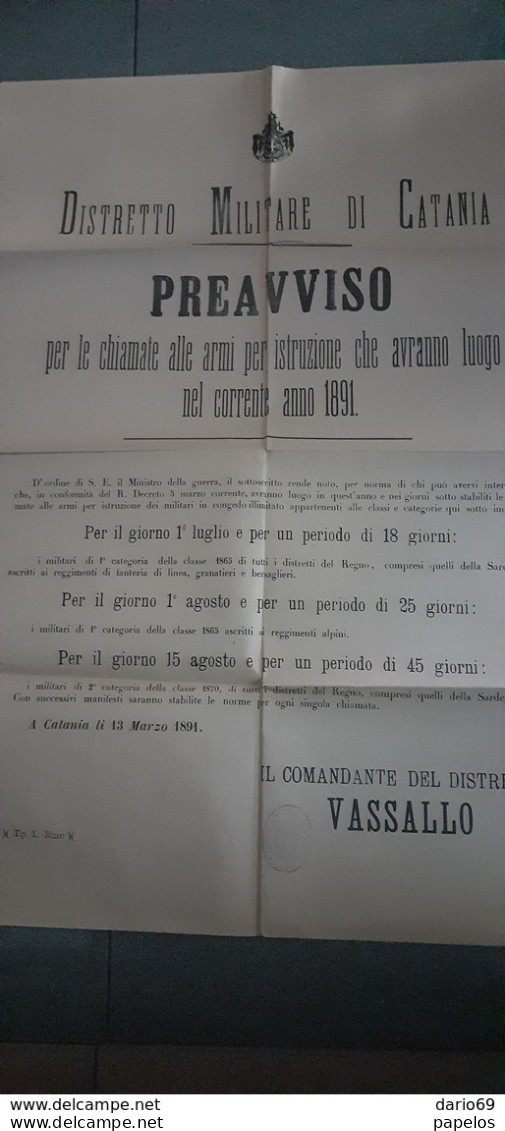 1891 MANIFESTO   COMANDO  DISTRETTO MILITARE DI CATANIA - Affiches